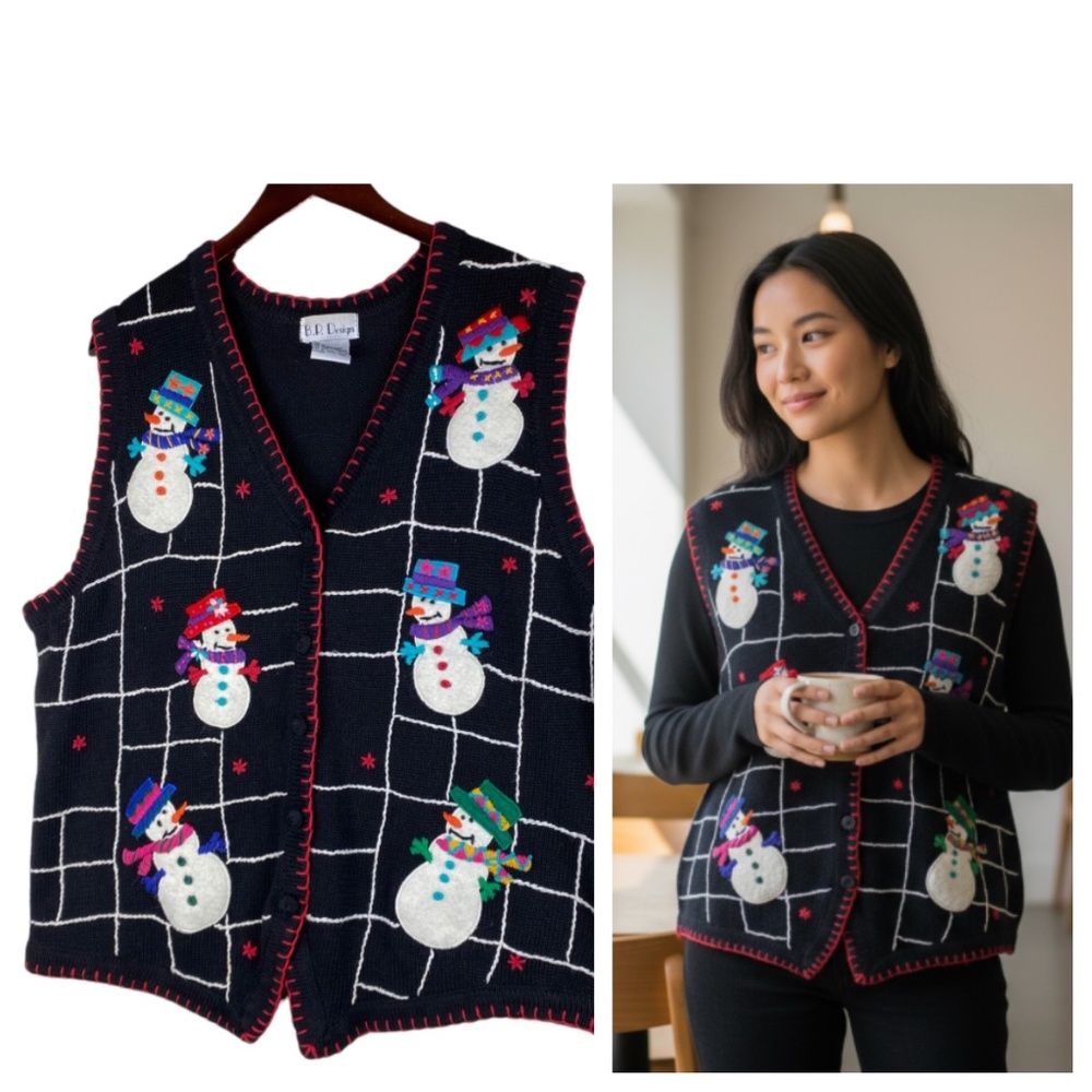 BP Designs Ugly Christmas Sweater Vest XL 14 16 Snowman Holiday Black